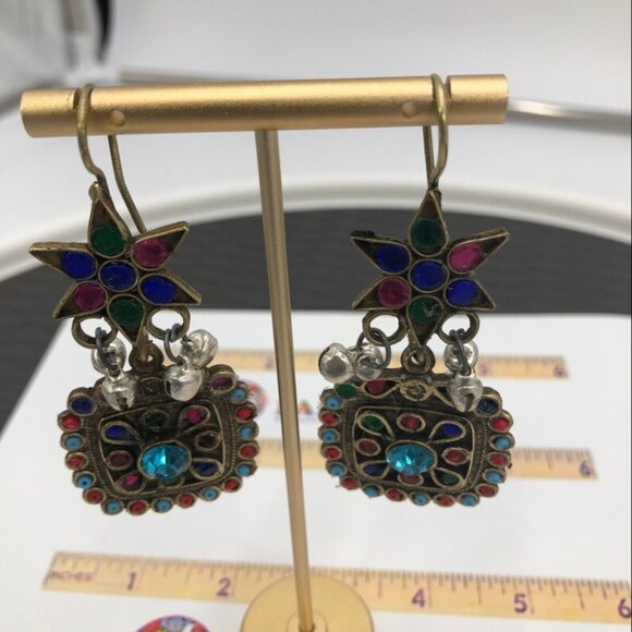 Afghan Oversized Dangle Earrings With Multicolor Glass Stones, Afghan Earrings - Picture 7 of 9